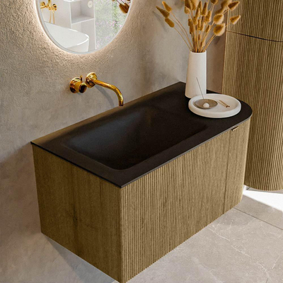 Mondiaz KURVE Ensemble de meuble salle de bain - 85x46x40cm - 1 tiroir - 1 porte - lavabo en solid surface - gauche - sans trou de robinet - Dusk