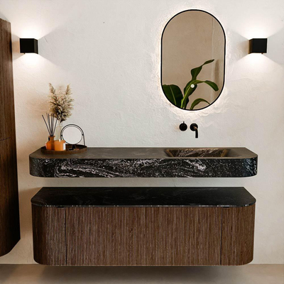 MONDIAZ THOR-DLUX 150cm badmeubel ronding links + rechts kleur Walnut met 1 lade en 2 deuren. Vrijhangende wastafel CLOUD Rechts zonder kraangat kleur Lava.