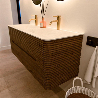 Mondiaz CIRO-DLUX Badkamermeubelset - 130x45x50cm - Solid surface wastafel Opalo - 2 wasbak Dubbel - 2 kraangaten - 4 lades - Dusk