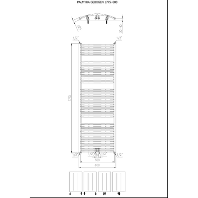 Plieger Palmyra designradiator horizontaal gebogen middenaansluiting 1775x600mm 1046W antraciet metallic