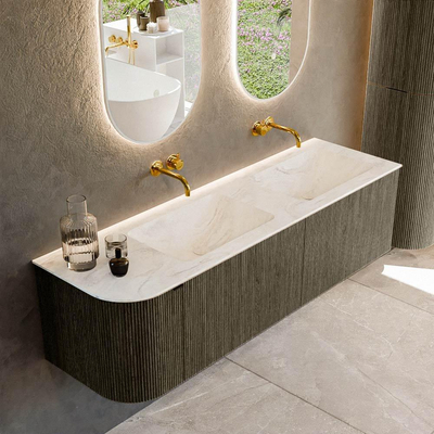 Mondiaz KURVE-DLUX Ensemble de meuble de salle de bains - 155x46x40cm - 2 tiroirs - 1 porte - vasque solid surface - double / droite - sans trou de robinet - Shadow