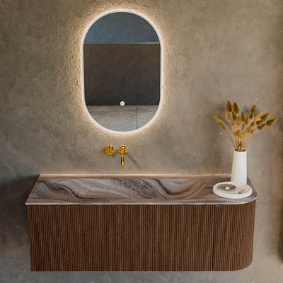 MONDIAZ KURVE-DLUX 125cm badmeubel ronding Rechts kleur Walnut met 1 lade en 1 deur. Wastafel BIG MEDIUM Links zonder kraangat Sombra.