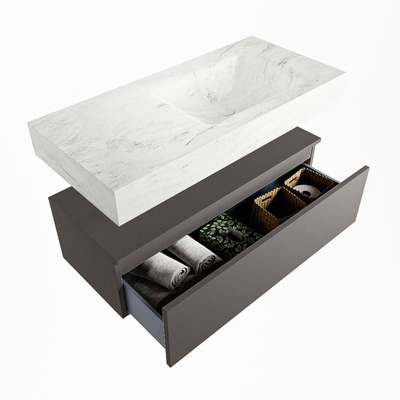Mondiaz ALAN-DLUX Ensemble de meuble - 100cm - meuble Dark grey mat - 1 tiroir - Lavabo Cloud Opalo suspendu - vasque Droite - 1 trou de robinet