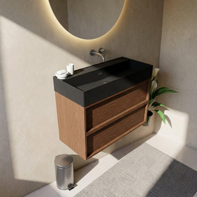 Saniclass Holz Frame Ensemble de meubles de salle de bains - 100x45x72cm - Vasque Legend en céramique noir mat - 1 vasque - sans trou de robinetterie - 2 tiroirs - walnut pure mat (bois)
