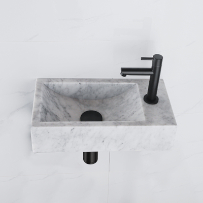 Saniclass Fuente ensemble de lavabo - 40x22 - 1 trou de robinet - droite - marbre - robinet de lavabo noir mat - blanc