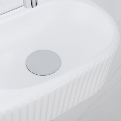 QeramiQ Fuente Fonteinset - 40x21.5x12cm - geribbeld - halfrond - keramiek - fonteinkraan chroom - afvoerplug - verlaagd sifon - wit mat