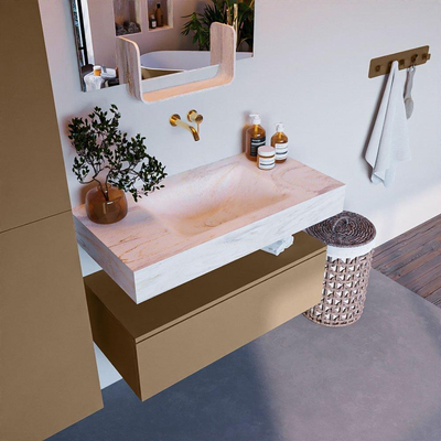 Mondiaz ALAN-DLUX Ensemble de meuble - 90cm - meuble Oro mat - 1 tiroir - Lavabo Cloud Ostra suspendu - vasque Centre - 0 trous de robinet