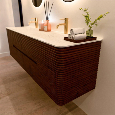 Mondiaz CIRO-DLUX Badkamermeubelset - 170x45x50cm - Solid surface wastafel Opalo - 2 wasbak Dubbel - 2 kraangaten - 4 lades - Ruby