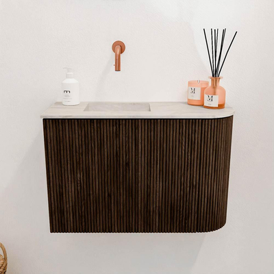 Mondiaz JOYA-DLUX 61.6cm toiletmeubel - ronding rechts kleur Walnut - Wastafel FAYE positie Links Zonder kraangat kleur Ostra.