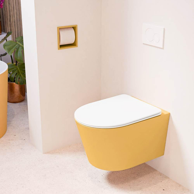 Mondiaz LAVIE hangtoilet – spoelrandloos – 36 x 53 cm – met softclose zitting – Ocher (geel), zitting Talc (wit)