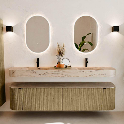 MONDIAZ THOR-DLUX Meuble de salle de bains 190cm arrondi gauche + droite couleur Dusk avec 2 tiroirs et 2 portes. Vasque suspendue CLOUD Double 2 trous de robinet couleur Arena.