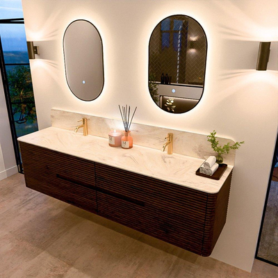 Mondiaz CIRO-DLUX Badkamermeubelset - 190x45x50cm - Solid surface wastafel Ostra - 2 wasbak Dubbel - 2 kraangaten - 4 lades - Walnut