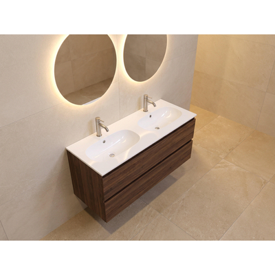 Arcqua Oval Lavabo encastré - 121x46x1.5cm - double vasque - 2 trous de robinet - marbre de synthèse - blanc brillant