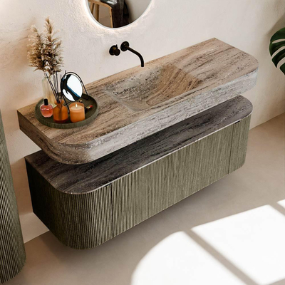 MONDIAZ THOR-DLUX 140cm meuble de salle de bains arrondi gauche + droite couleur Shadow avec 1 tiroir et 2 portes. Vasque suspendue CLOUD Milieu sans trou de robinet couleur Oza.