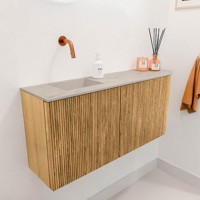 Mondiaz JOYA-DLUX 91.6cm meuble de toilette - arrondi droit couleur Chêne - Vasque FAYE position Gauche Sans trou de robinet couleur Opalo