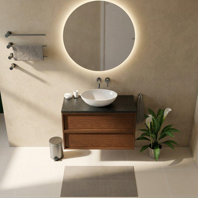 Saniclass Holz Frame Ensemble de meubles de salle de bains - 100x45x63cm - Plan vasque en basalte Noche poli (noir) - sans trou de robinet - 2 tiroirs - walnut pure mat (bois)