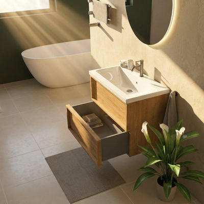 Saniclass Holz Frame Ensemble de meubles de salle de bains - 80x45x63.5cm - Lavabo en céramique Bari blanc - 1 vasque - 1 trou de robinetterie - 2 tiroirs - chêne naturel mat (bois)