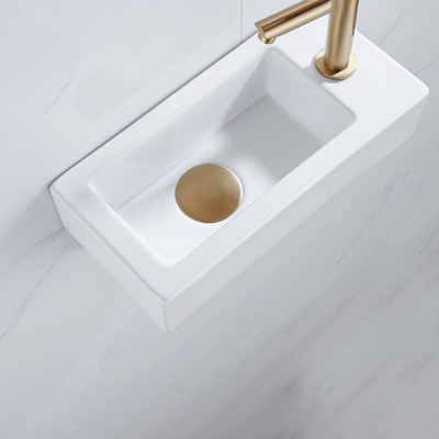 QeramiQ Fuente fonteinset – 37.5x18.5x9 cm – keramiek wit glans – kraangat rechts – geborsteld gouden kraan