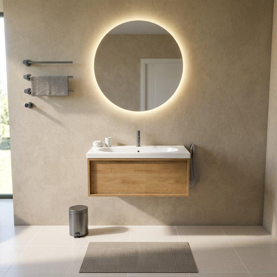 Saniclass Holz Frame Ensemble meuble de salle de bains - 100x45x43.5cm - lavabo en céramique Palermo blanc - 1 vasque - 1 trou de robinetterie - 1 tiroir - chêne natural mat (bois)