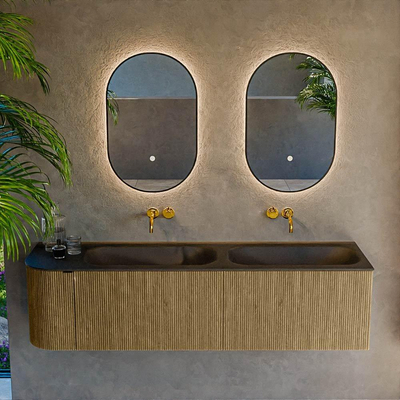 Mondiaz KURVE Ensemble de meuble de salle de bains - 165x46x40cm - 2 tiroirs - 1 porte - vasque solid surface - double / droite - sans trou de robinet - Dusk