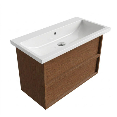 Saniclass Holz Frame Ensemble meuble de salle de bains - 100x45x63.5cm - Bari lavabo en céramique blanc - 1 vasque - sans trou de robinetterie - 2 tiroirs - mat walnut pure (bois)