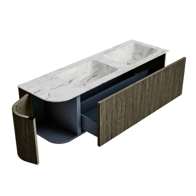Mondiaz KURVE-DLUX Badkamermeubelset - 145x46x40cm - 1 lade - 1 deur - wastafel solid surface - dubbel / rechts - 2 kraangaten - Shadow