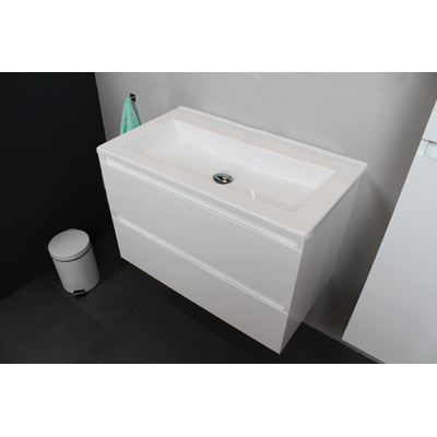 Basic Bella Meuble avec lavabo acrylique sans trou de robinet 80x55x46cm avec armoire toilette à 2 portes gris Blanc brillant