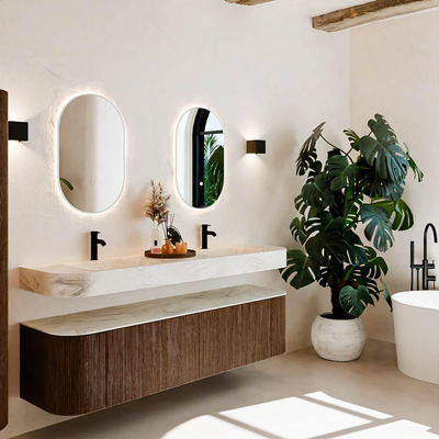 MONDIAZ THOR-DLUX 180cm meuble de salle de bains arrondi gauche + droite couleur Walnut avec 2 tiroirs et 2 portes. Vasque suspendue CLOUD Double 2 trous de robinet couleur Ostra.