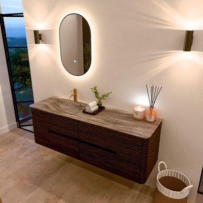 Mondiaz CIRO-DLUX Ensemble de meubles de salle de bains - 150x45x50cm - Plan vasque en solid surface Oza - 1 bassin à gauche - 1 trou de robinet - 4 tiroirs - Noyer