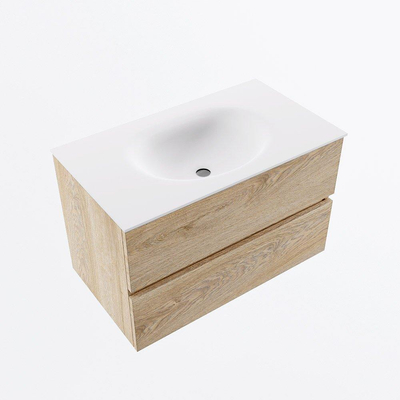 MONDIAZ VICA 80cm meuble de salle de bains sous-meuble Washed Oak 2 tiroirs. Lavabo MOON central 1 trou de robinet, couleur Talc.