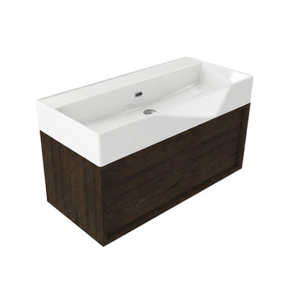 Saniclass Holz Frame Ensemble de meubles de salle de bains - 100x45x52cm - Vasque Legend en céramique blanche - 1 vasque - 2 trous de robinetterie - 1 tiroir - chêne charcoal mat (bois)