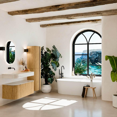 MONDIAZ THOR-DLUX Meuble de salle de bains 110cm arrondi gauche + droite couleur Oak avec 1 tiroir et 2 portes. Vasque suspendue CLOUD Gauche sans trou de robinet couleur Meli.