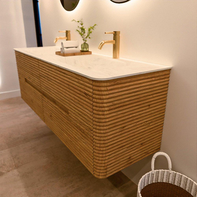 Mondiaz CIRO-DLUX Badkamermeubelset - 150x45x50cm - Solid surface wastafel Opalo - 2 wasbak Dubbel - 2 kraangaten - 4 lades - Oak