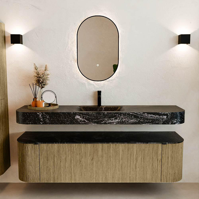 MONDIAZ THOR-DLUX 170cm meuble de salle de bains arrondi gauche + droite couleur Dusk avec 1 tiroir et 2 portes. Vasque suspendue CLOUD Milieu 1 trou de robinet couleur Lava.