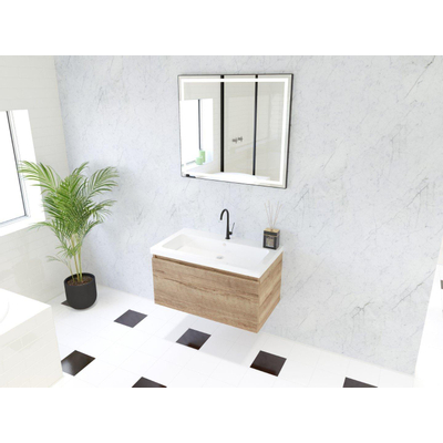 HR badmeubelen Matrix 3D ensemble de meubles de salle de bains 80cm 1 tiroir sans poignée avec profil de prise en couleur French oak avec lavabo djazz 1 trou de robinet blanc