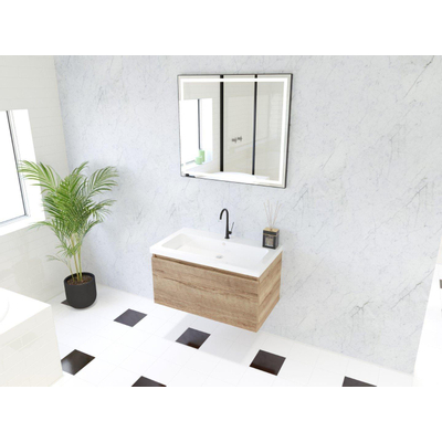 HR Matrix ensemble meuble de salle de bain 3d 80cm 1 tiroir sans poignée avec bandeau couleur chêne français avec vasque djazz 1 trou robinet blanc