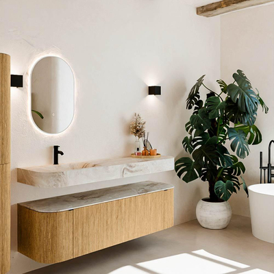 MONDIAZ THOR-DLUX 160cm meuble de salle de bains arrondi gauche + droite couleur Oak avec 1 tiroir et 2 portes. Vasque suspendue CLOUD gauche 1 trou de robinet couleur Frappe.