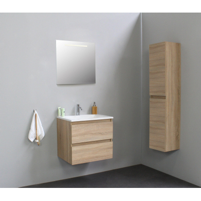 Basic Bella Meuble salle de bains avec lavabo acrylique Blanc 60x55x46cm 1 trou de robinet avec miroir et éclairage Chêne