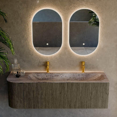 MONDIAZ KURVE-DLUX 145cm badmeubel ronding Links kleur Shadow met 1 lade en 1 deur. Wastafel BIG LARGE Rechts 2 kraangaten Oza.