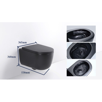 QeramiQ Dely Swirl WC suspendu – sans bride – profondeur 53 cm – avec abattant softclose 35 mm – noir mat