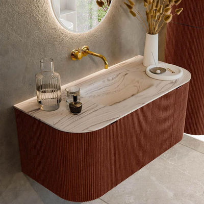 MONDIAZ KURVE-DLUX Meuble de salle de bains 100cm arrondi Gauche + Droite couleur Ruby avec 1 tiroir et 2 portes. Lavabo GRUNNE Central sans trou de robinet Nata.