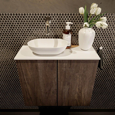 Meuble de toilette Mondiaz Fowy 60x50x23cm marron foncé mat 0 trou de robinet lavabo : gauche 2 portes solid surface avec plan Melamine couleur lavabo : blanc