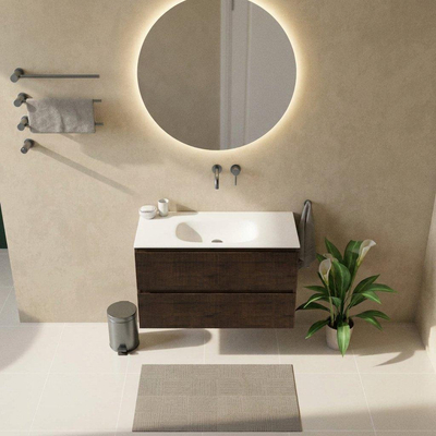 Saniclass Holz Atelier Ensemble meuble de salle de bains - 100x45x61.5cm - lavabo Flow en solid surface blanc - 1 vasque - sans trou de robinet - 2 tiroirs - chêne charcoal mat (bois)