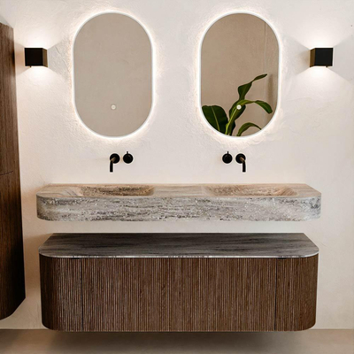 MONDIAZ THOR-DLUX 150cm meuble de salle de bains arrondi gauche + droite couleur Walnut avec 1 tiroir et 2 portes. Vasque suspendue CLOUD Double sans trou de robinet couleur Oza.