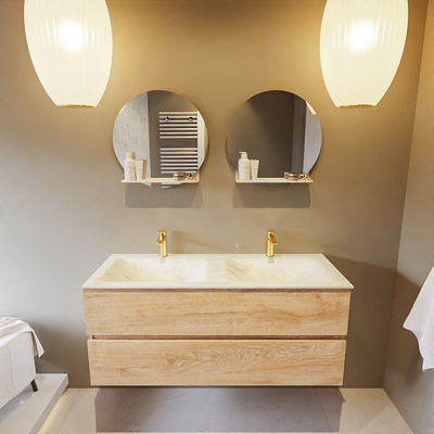 MONDIAZ VICA-DLUX Ensemble meuble de salle de bains - 120cm - meuble bas Washed oak - 2 tiroirs - lavabo encastré cloud double - 2 trous de robinetterie - version haute 60cm - opalo