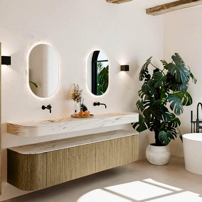 MONDIAZ THOR-DLUX 200cm meuble de salle de bains arrondi gauche + droite couleur Dusk avec 2 tiroirs et 2 portes. Vasque suspendue CLOUD Double sans trou de robinet couleur Nata.