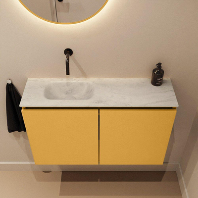 MONDIAZ TURE-DLUX Meuble de toilettes 80 cm Ocher. Lavabo EDEN Opalo position à gauche. Sans trou de robinet.