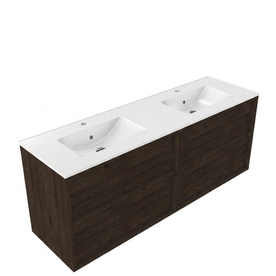 Saniclass Holz Frame Ensemble meuble de salle de bains - 160x45x62cm - Lavabo Vygo en céramique blanc - 2 vasques - 2 trous de robinet - 4 tiroirs - chêne charcoal mat (bois)