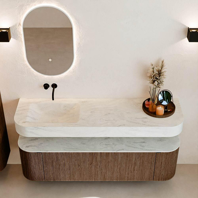 MONDIAZ THOR-DLUX 160cm badmeubel ronding links + rechts kleur Walnut met 1 lade en 2 deuren. Vrijhangende wastafel CLOUD Links zonder kraangat kleur Opalo.