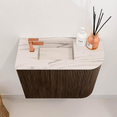 Mondiaz JOYA-DLUX Meuble de toilette 51,6cm - arrondi droit couleur Noyer - Lavabo FAYE position Gauche 1 trou de robinet couleur Nata.